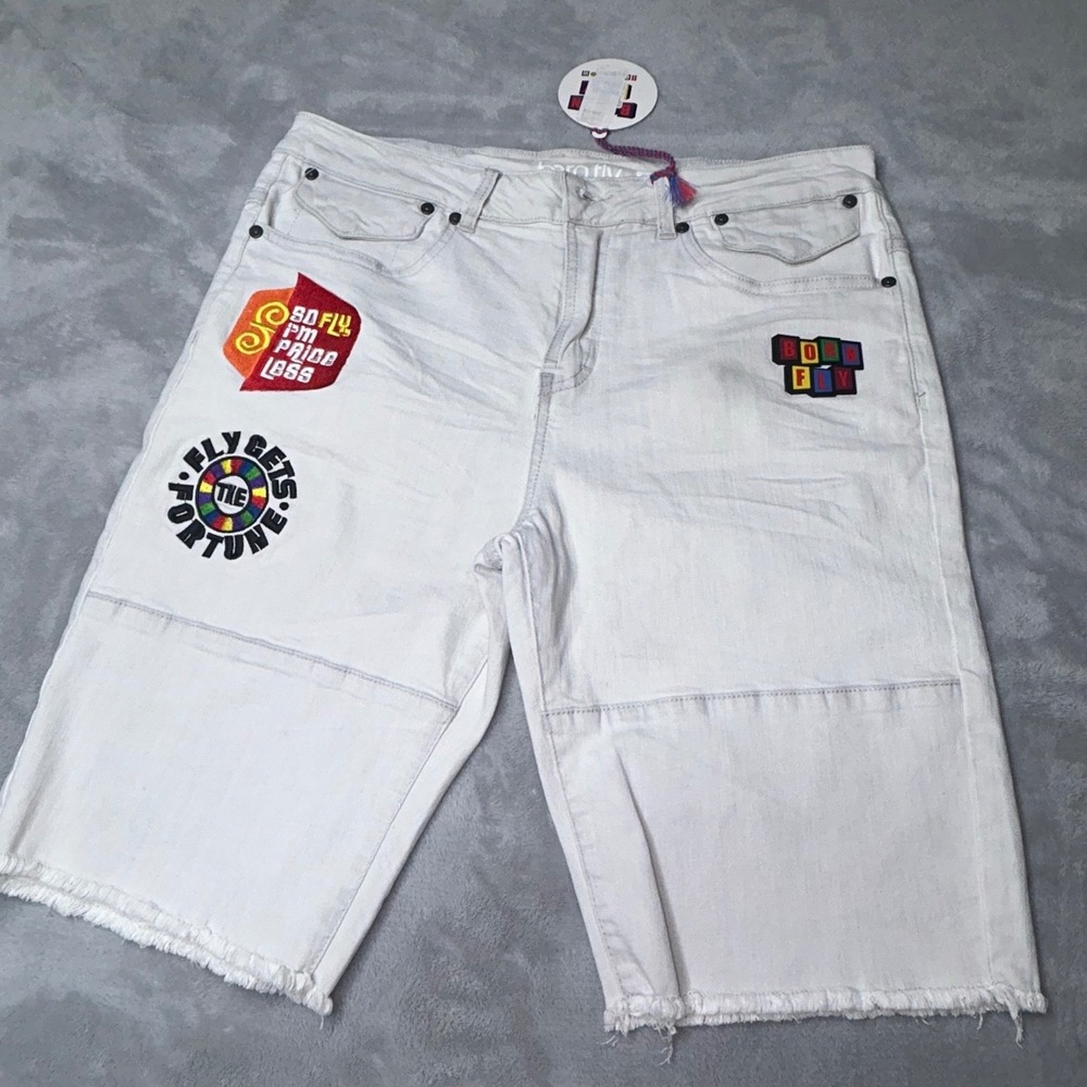 Born Fly Denim Shorts Mens 32 White Patch Graphic Streetwear Raw Hem